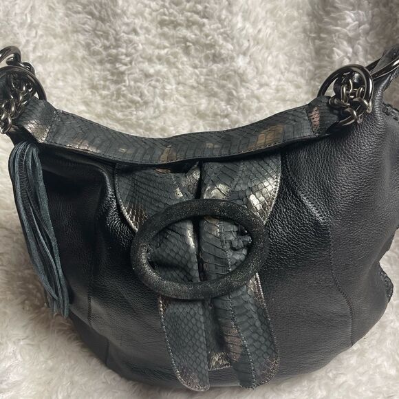 CHI By Carlos Falchi Black Leather Snake Skin  metallic strap Hobo shoul… - Picture 6 of 15